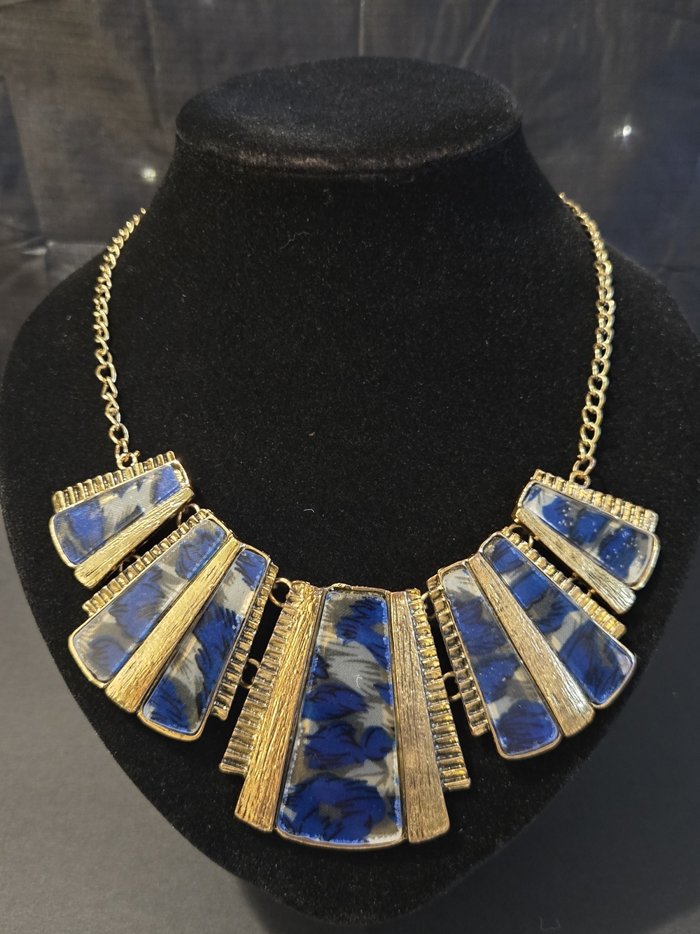 ✨ Gold-Tone Statement Necklace Blue Brush Stroke Print